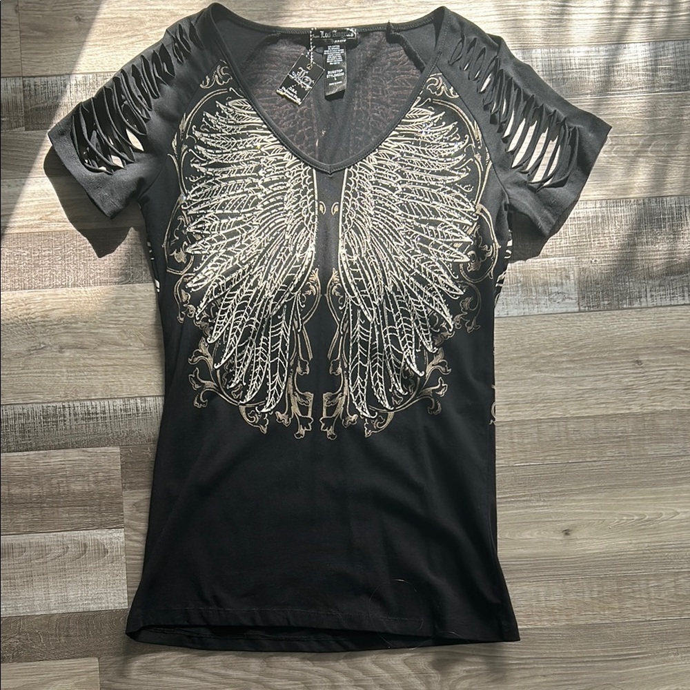 Black Short Sleeve T-Shirt with Cut Out and Embellished Wing Design